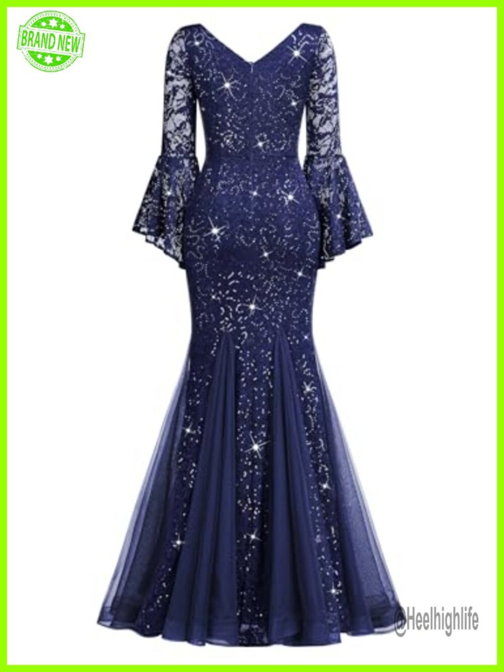 Sequin Lace Tulle Formal Evening Gown Bell Sleeve Mermaid Long Dress - Picture 5 of 6